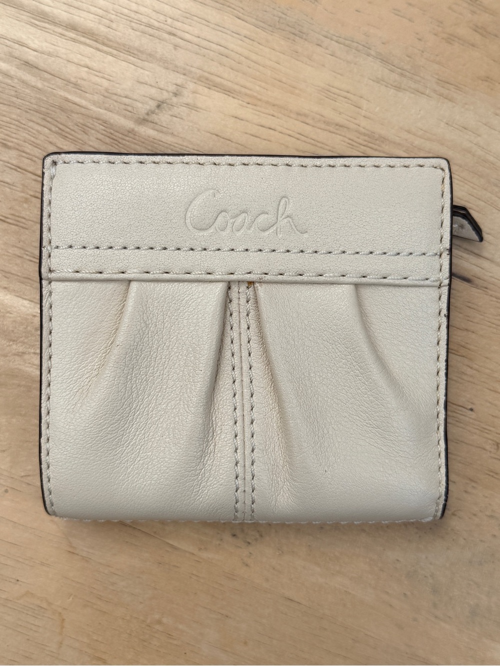 Coach Cream Leather Compact Wallet with Pleated Front